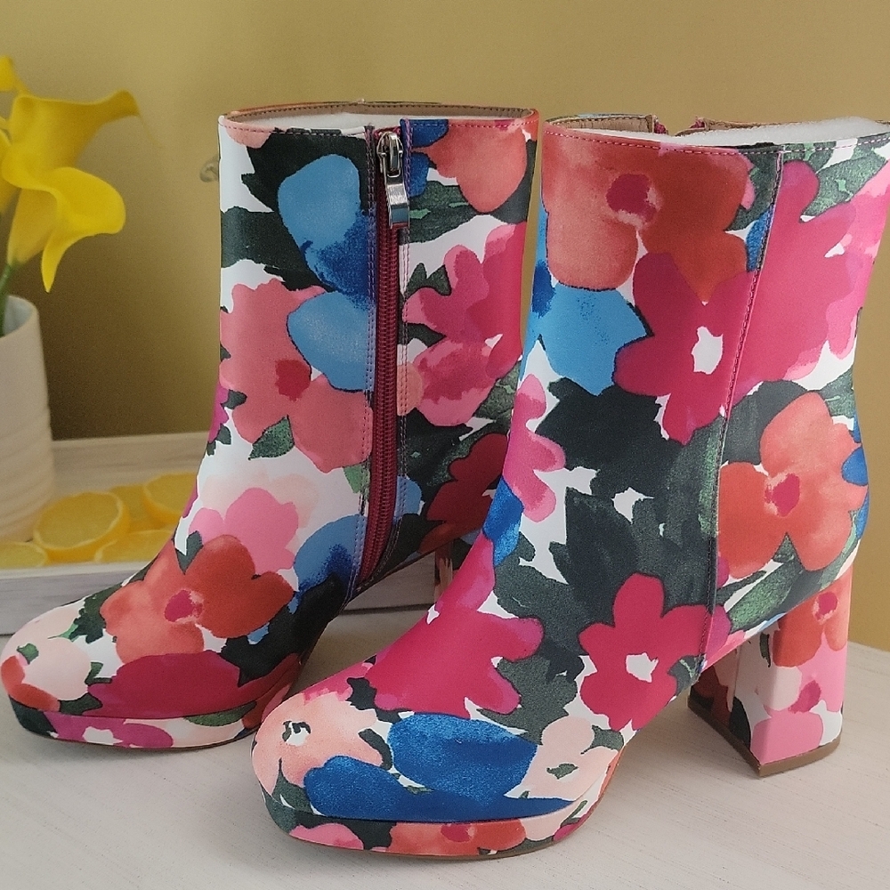 Colorful Floral Ankle Booties Chunky Heel - Picture 10 of 10